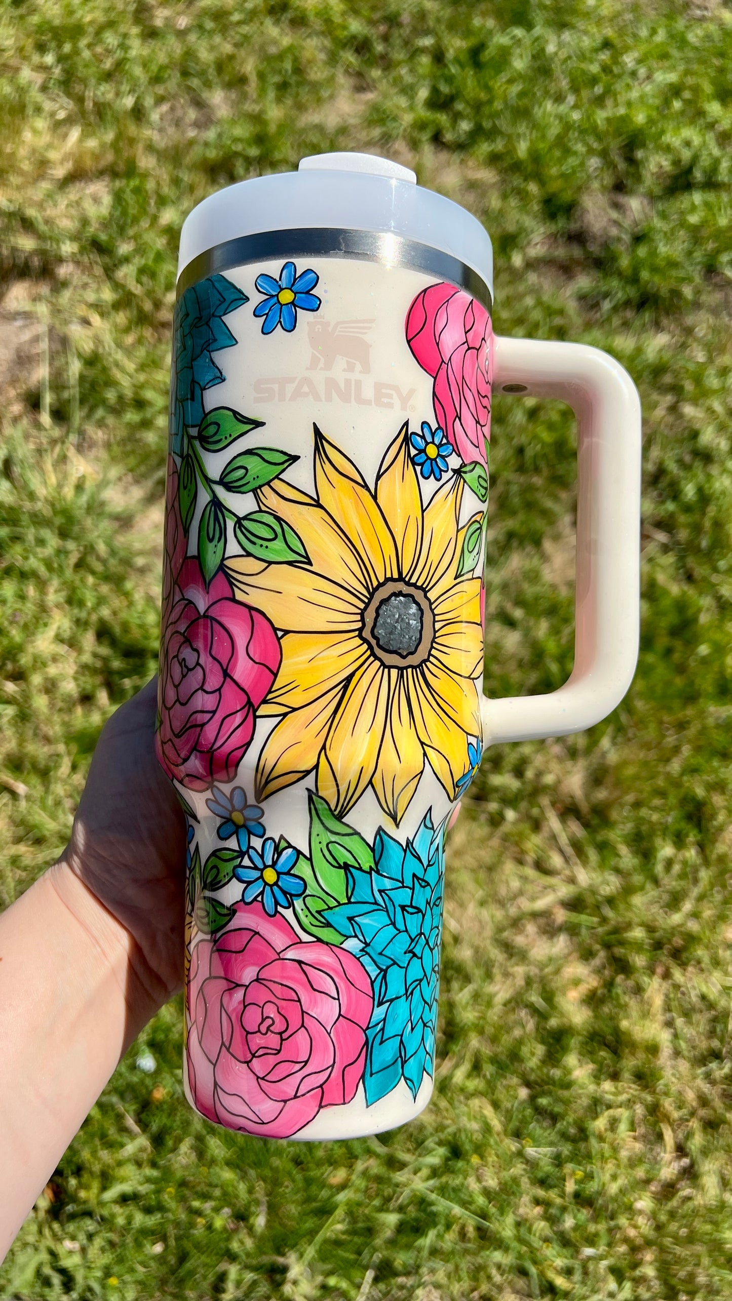 PREMADE Neutral Floral Hand painted Stanley 40oz