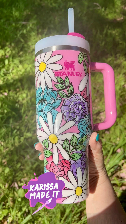 PREMADE Pink Floral Hand painted Stanley 30oz