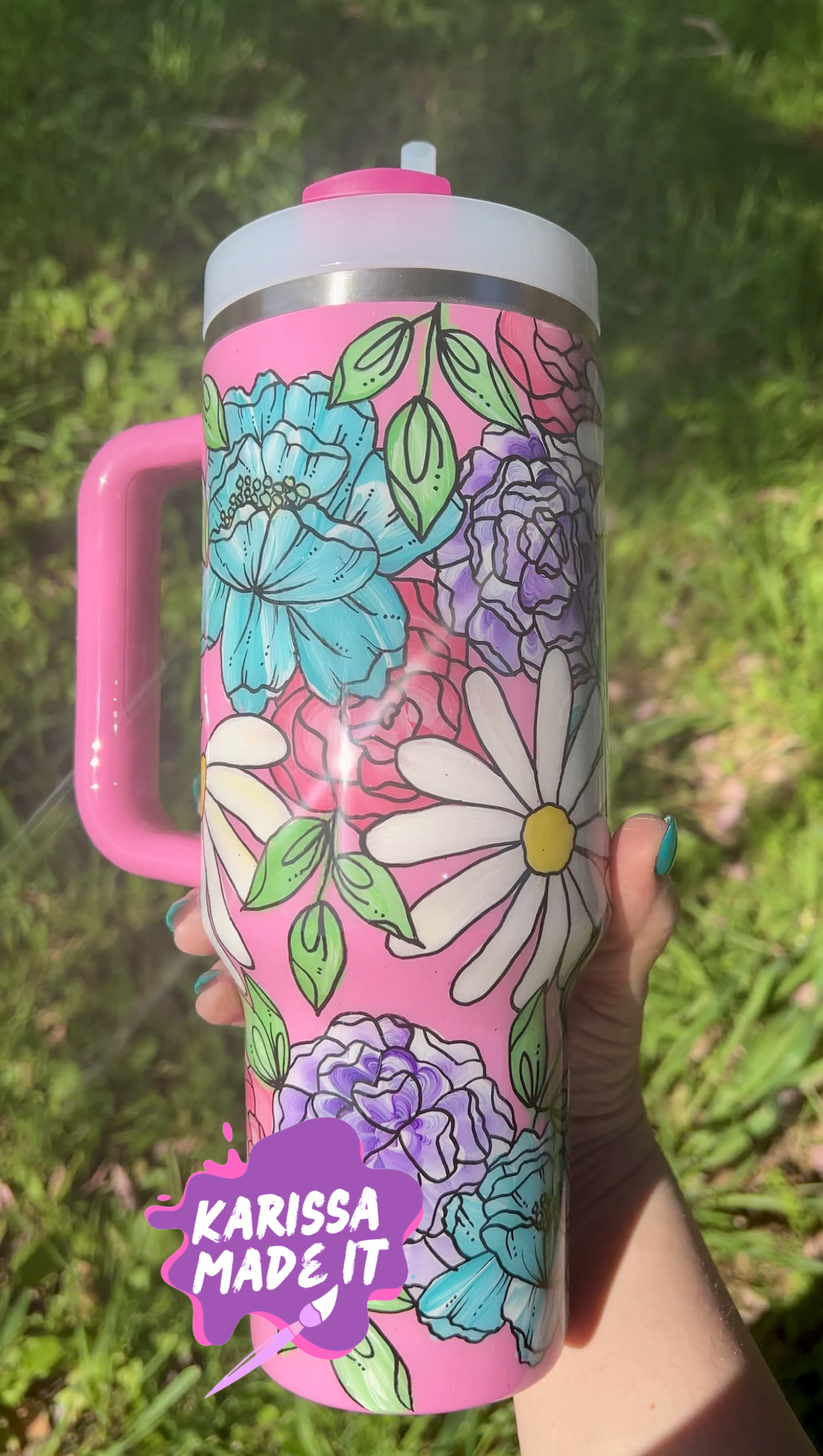 PREMADE Pink Floral Hand painted Stanley 30oz