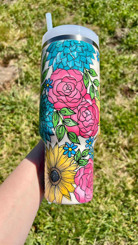 PREMADE Neutral Floral Hand painted Stanley 40oz